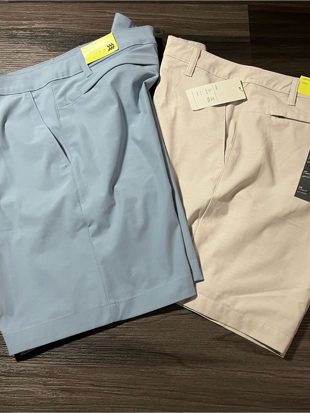 NWT All In Motion 2 Pair Of Golf Shorts Size 38 (Blue 8” Inseam, Tan 7” Inseam)